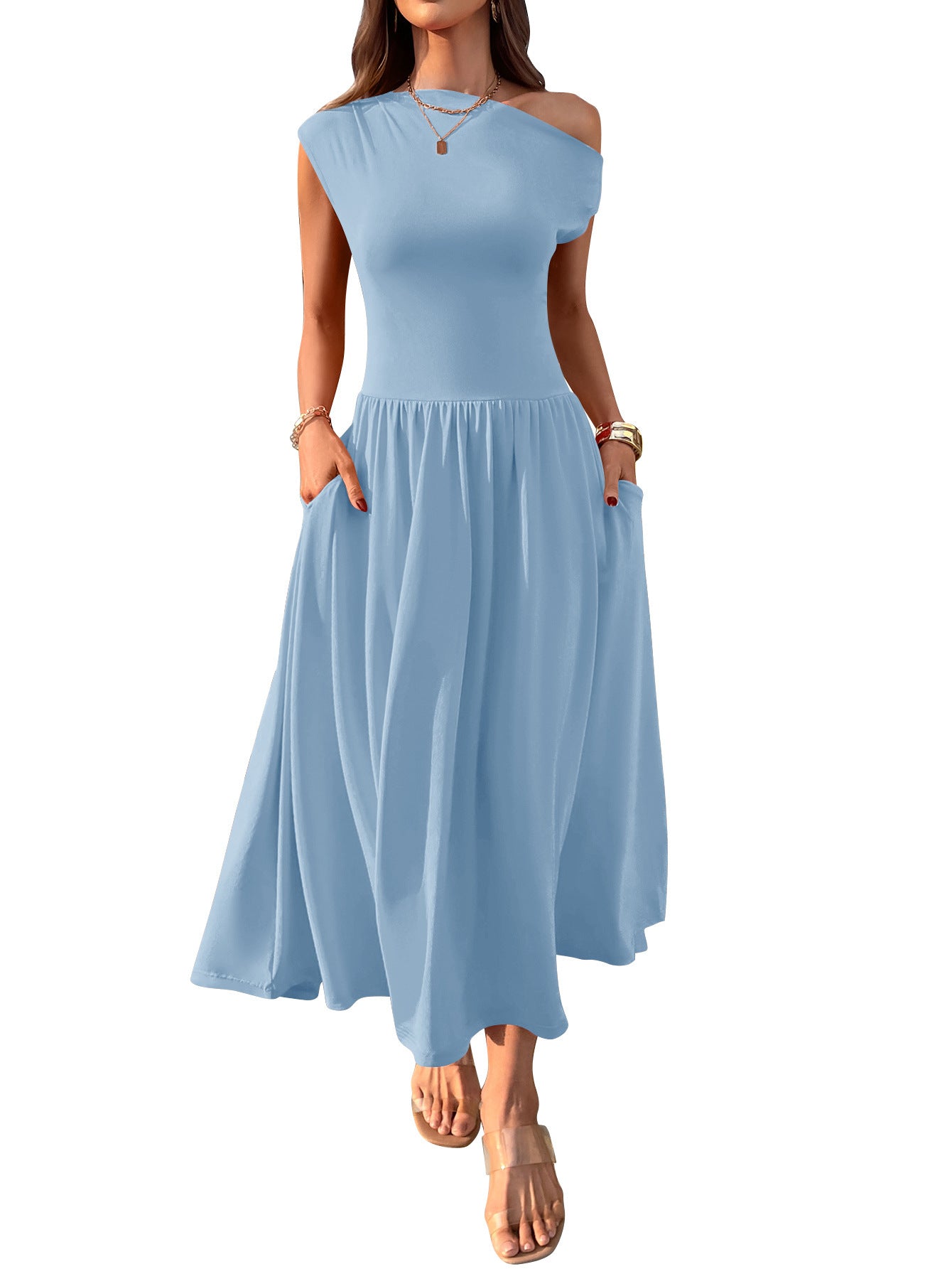 Robe longue sexy à épaules inclinées et taille ajustée avec poche