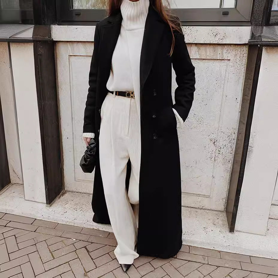 Manteau en laine chaud pour femme, couleur unie, style décontracté européen et américain, automne et hiver, long