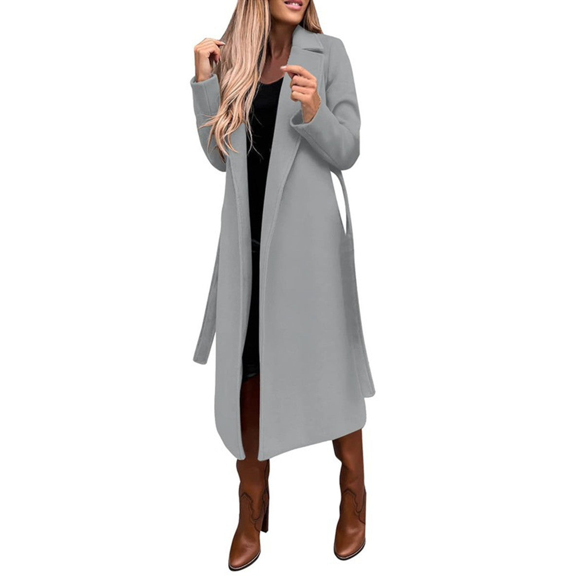 Manteau long en laine pour femmes, col en V avec laçage – style simple et élégant