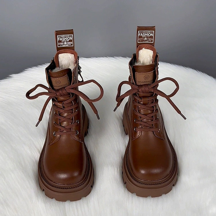 Bottes d'hiver en coton doublées de polaire pour femme avec semelle épaisse et fourrure intégrée