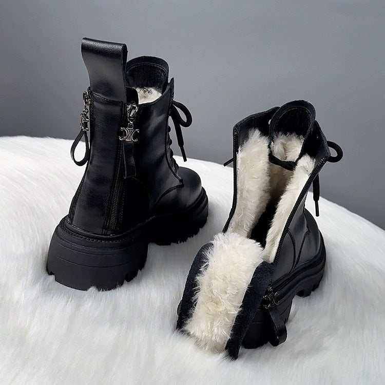Bottes d'hiver en coton doublées de polaire pour femme avec semelle épaisse et fourrure intégrée
