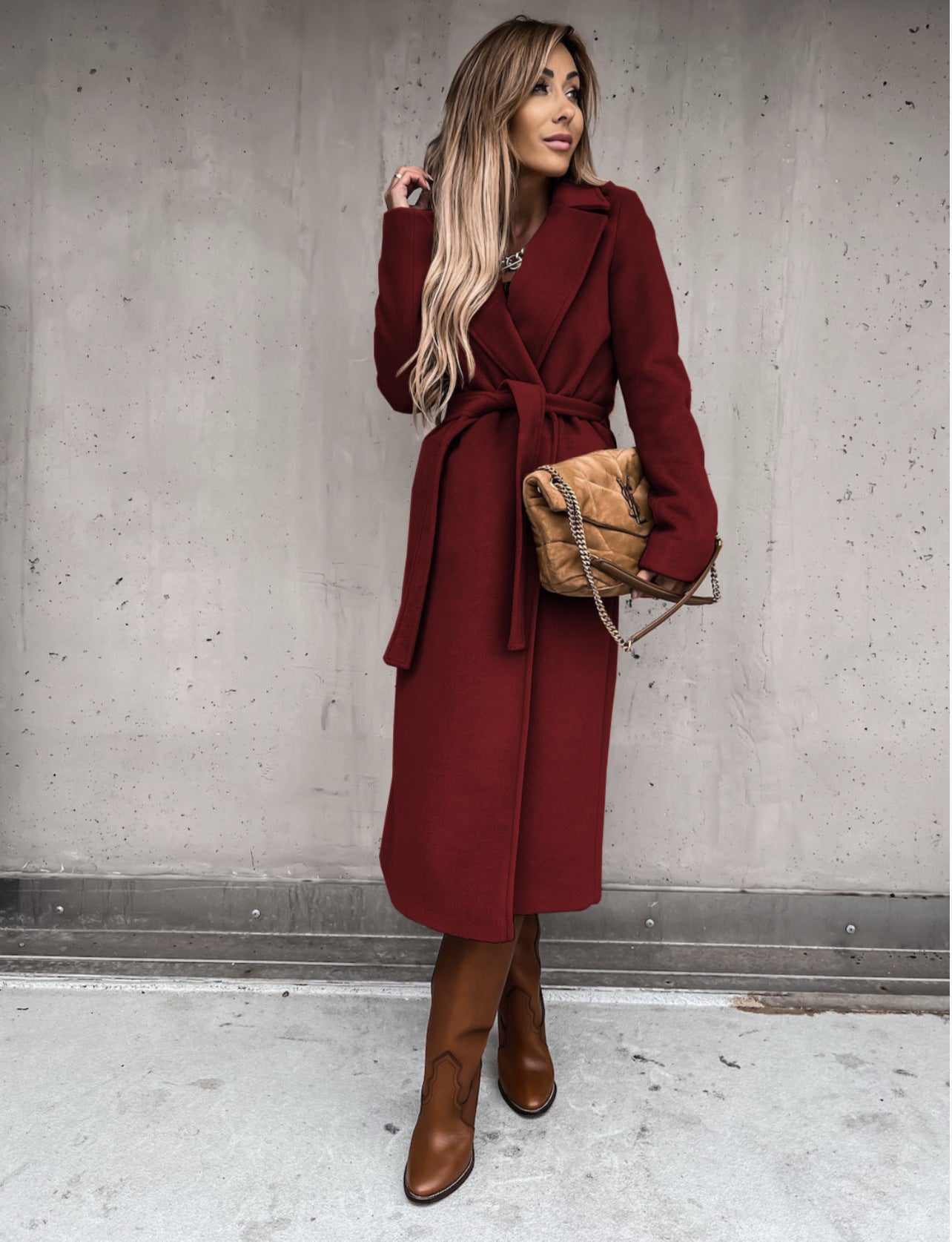 Manteau long en laine pour femmes, col en V avec laçage – style simple et élégant