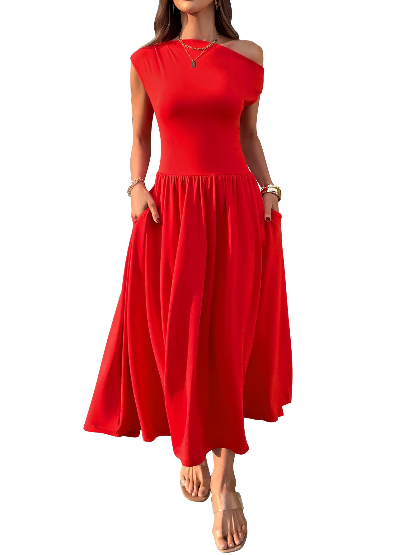 Robe longue sexy à épaules inclinées et taille ajustée avec poche