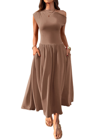 Robe longue sexy à épaules inclinées et taille ajustée avec poche