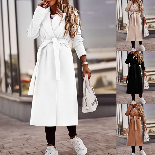 Manteau long en laine pour femmes, manches longues et col en V avec laçage – style automne/hiver