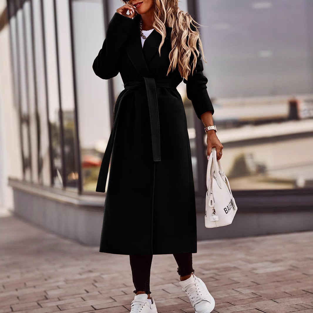 Manteau long en laine pour femmes, manches longues et col en V avec laçage – style automne/hiver