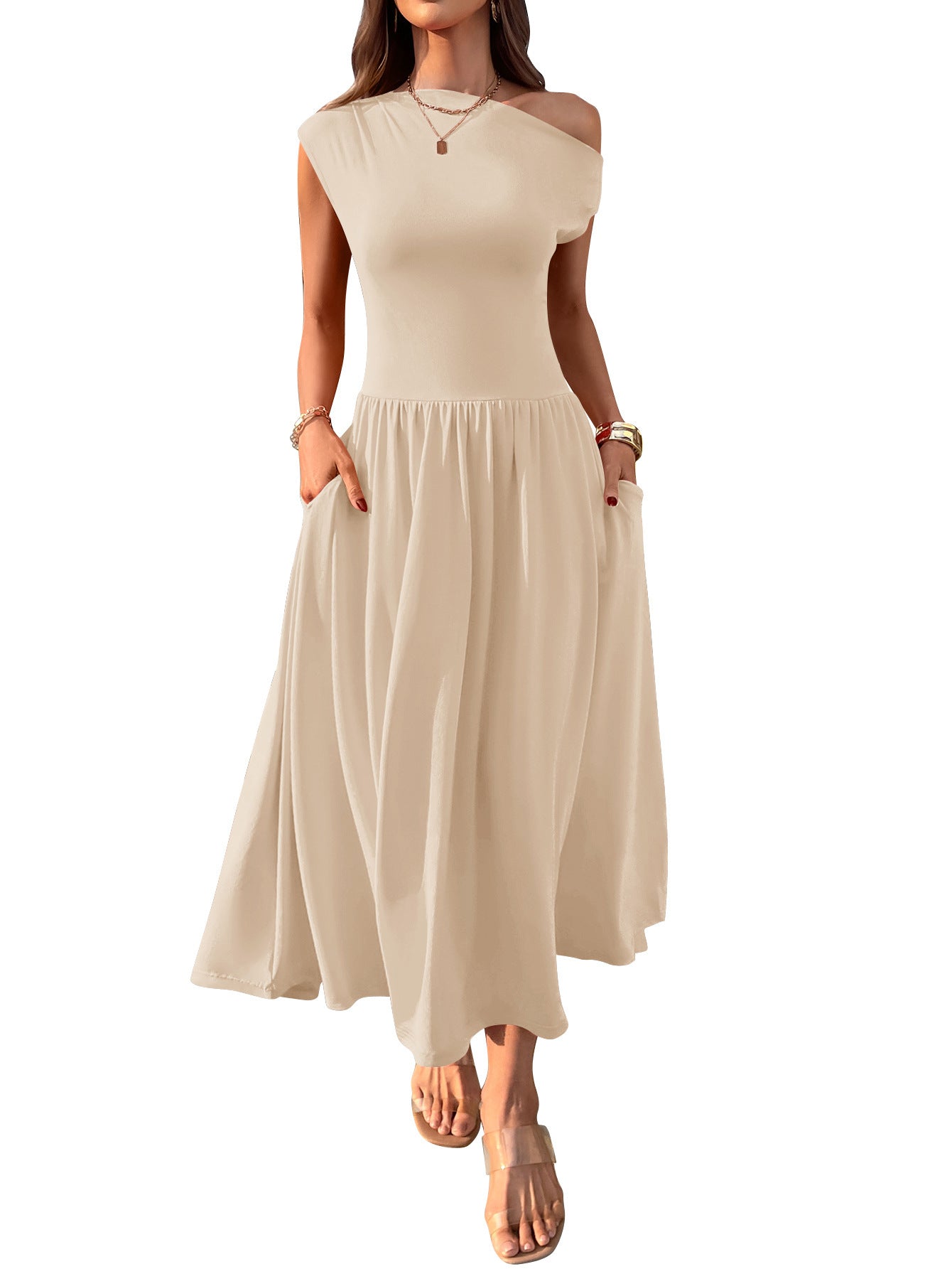Robe longue sexy à épaules inclinées et taille ajustée avec poche