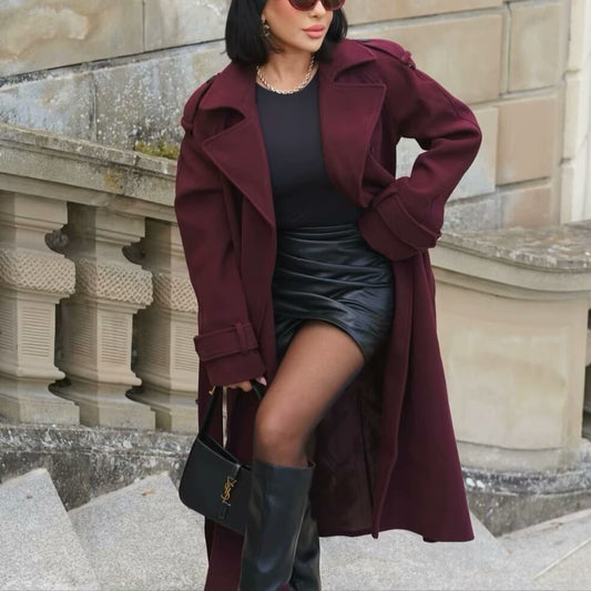Manteau long d’hiver pour femme en laine, à revers, avec ceinture, trench double boutonnage, vêtement tendance