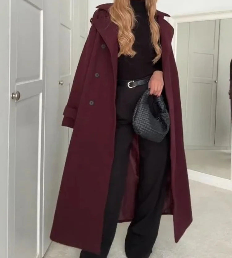 Manteau long d’hiver pour femme en laine, à revers, avec ceinture, trench double boutonnage, vêtement tendance