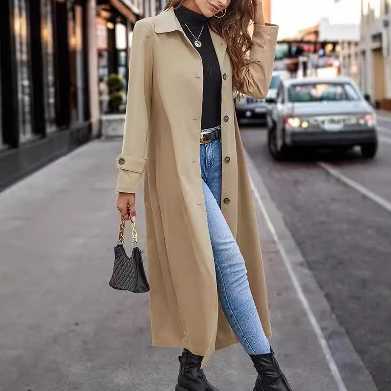 Élégant trench-coat long pour femmes, style décontracté avec boutons raffinés