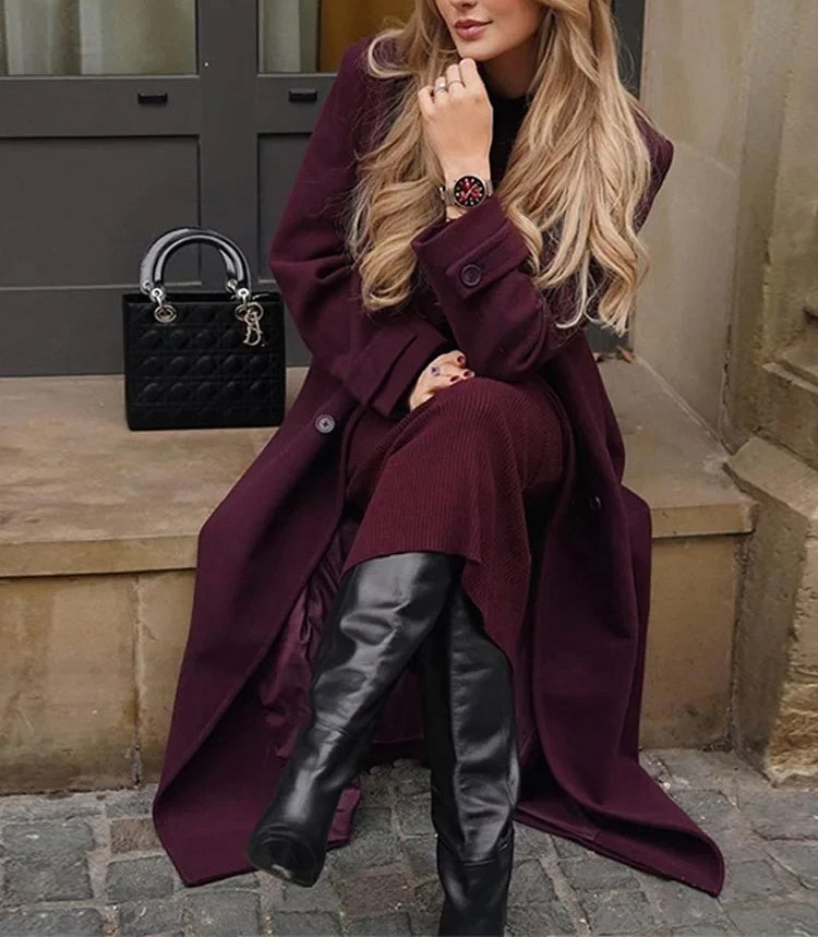 Manteau long d’hiver pour femme en laine, à revers, avec ceinture, trench double boutonnage, vêtement tendance
