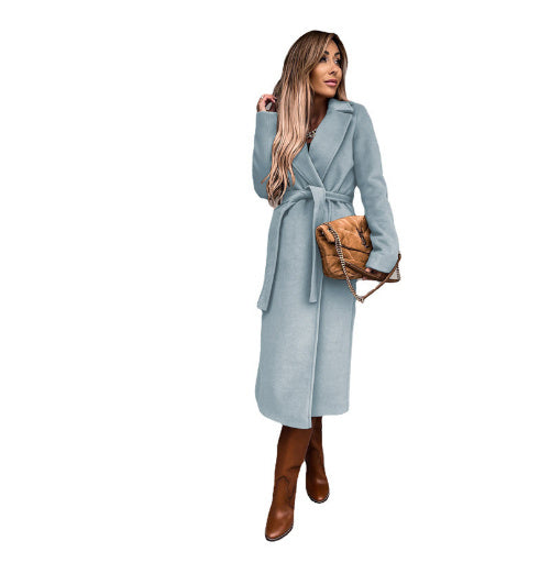 Manteau long en laine pour femmes, col en V avec laçage – style simple et élégant
