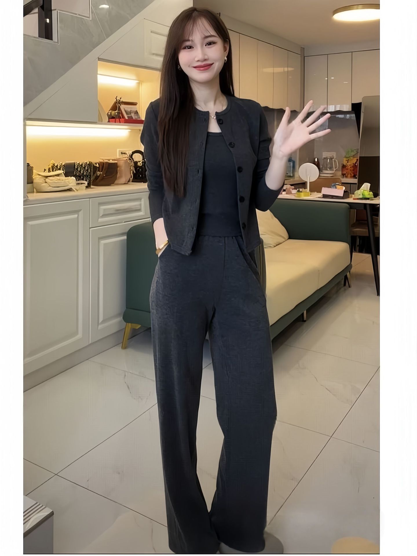 Tailleur jupe style coréen pour femme en polyester