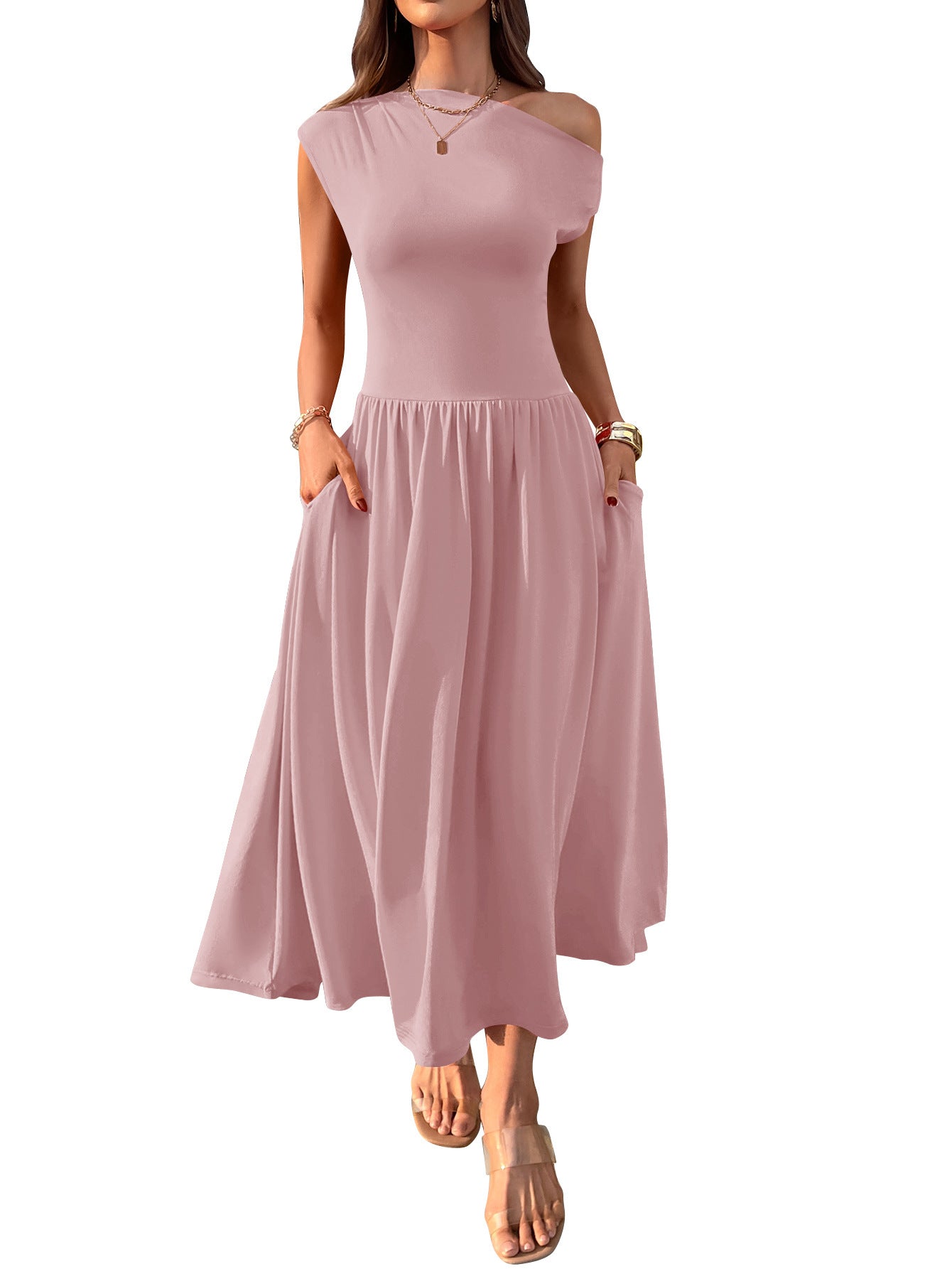 Robe longue sexy à épaules inclinées et taille ajustée avec poche