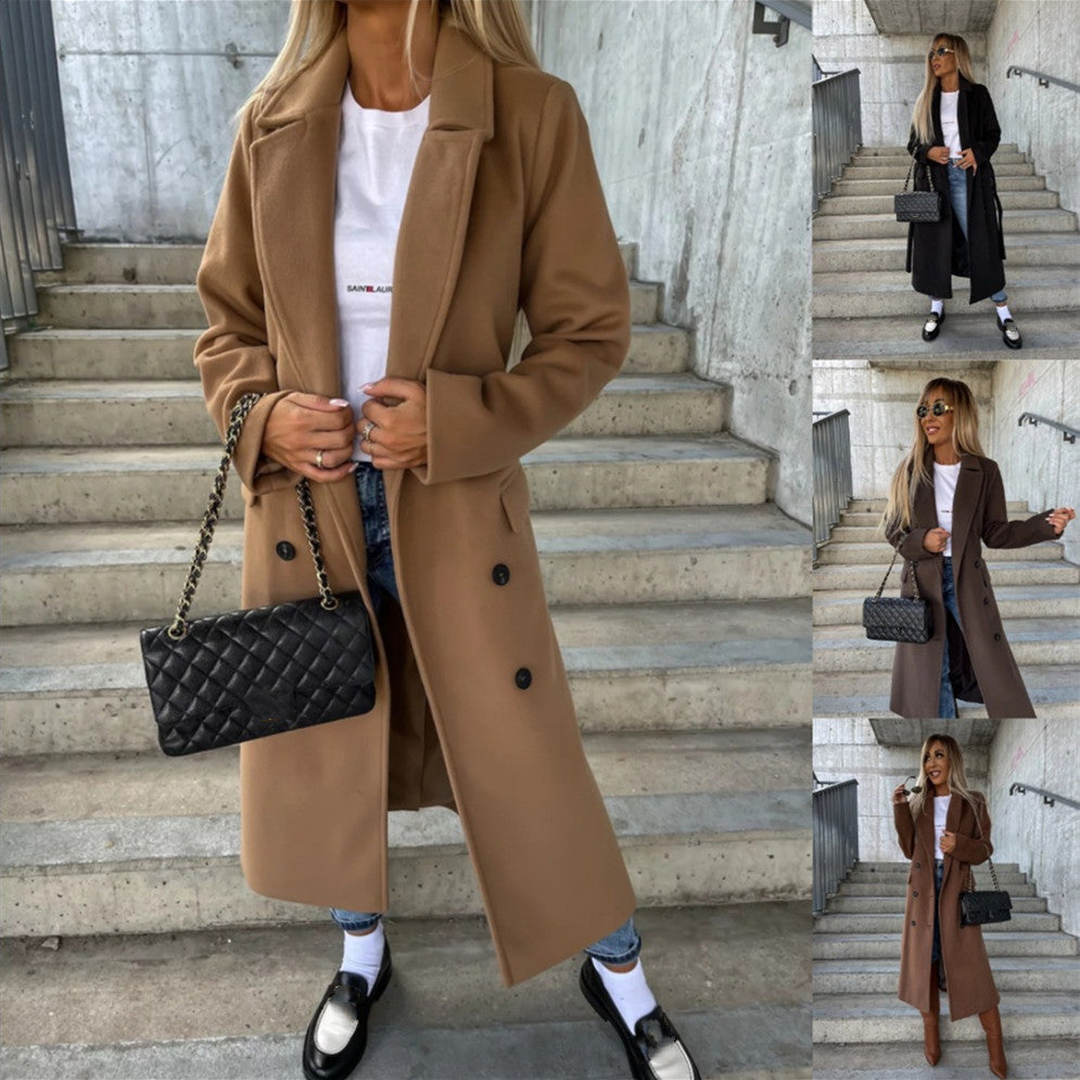 Manteau en laine pour femme automne et hiver, manches longues, à revers, boutonné, avec fente, style simple