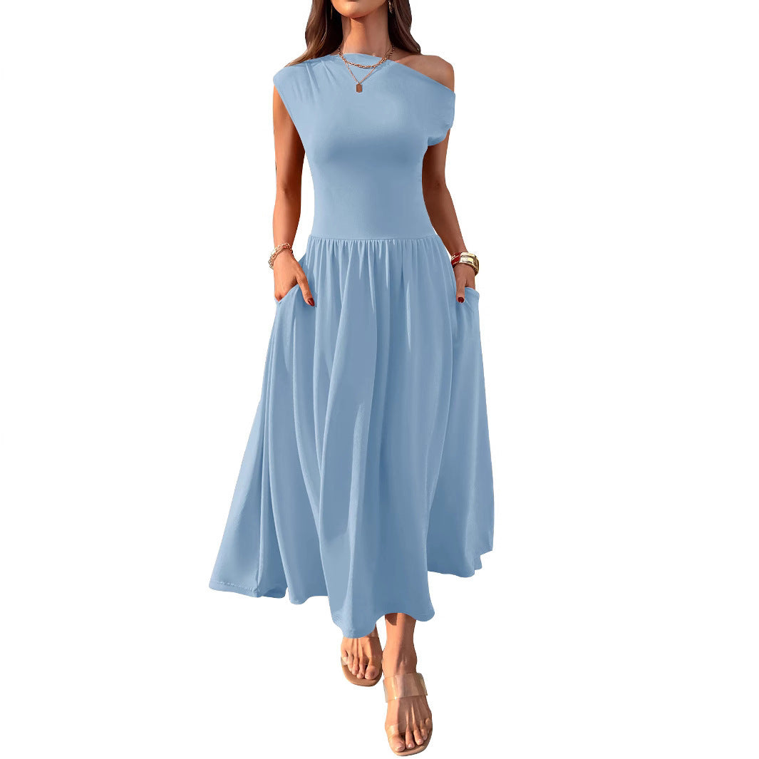 Robe longue sexy à épaules inclinées et taille ajustée avec poche