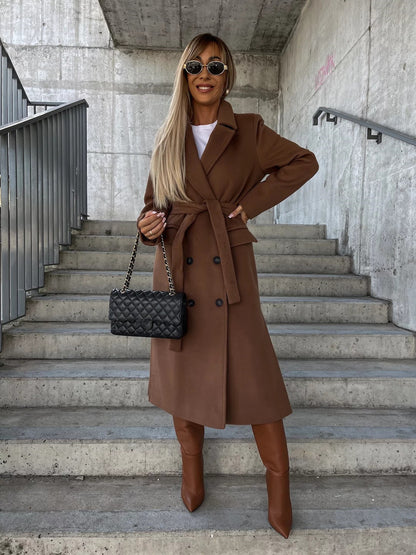 Manteau en laine pour femme automne et hiver, manches longues, à revers, boutonné, avec fente, style simple