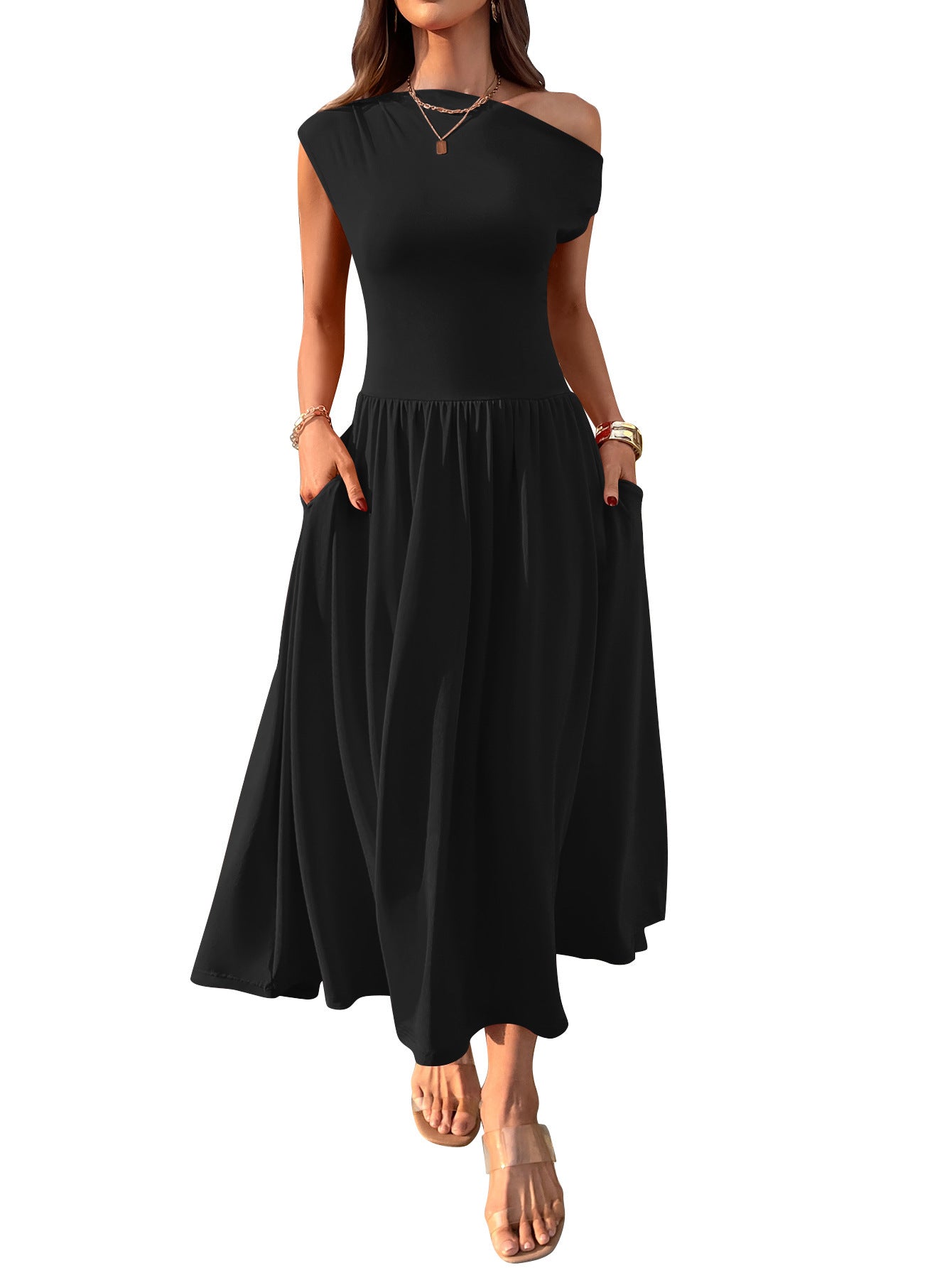 Robe longue sexy à épaules inclinées et taille ajustée avec poche