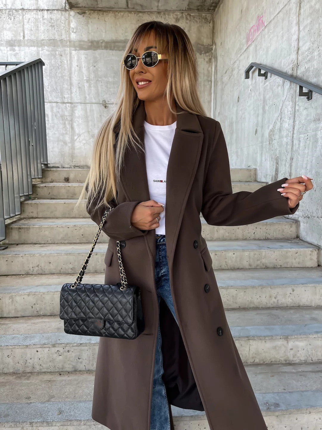 Manteau en laine pour femme automne et hiver, manches longues, à revers, boutonné, avec fente, style simple