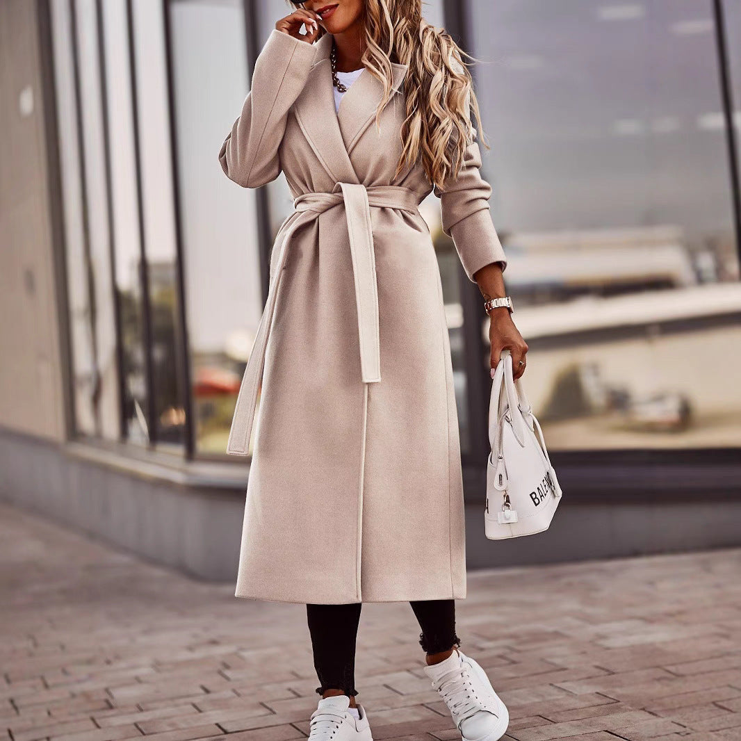 Manteau long en laine pour femmes, manches longues et col en V avec laçage – style automne/hiver