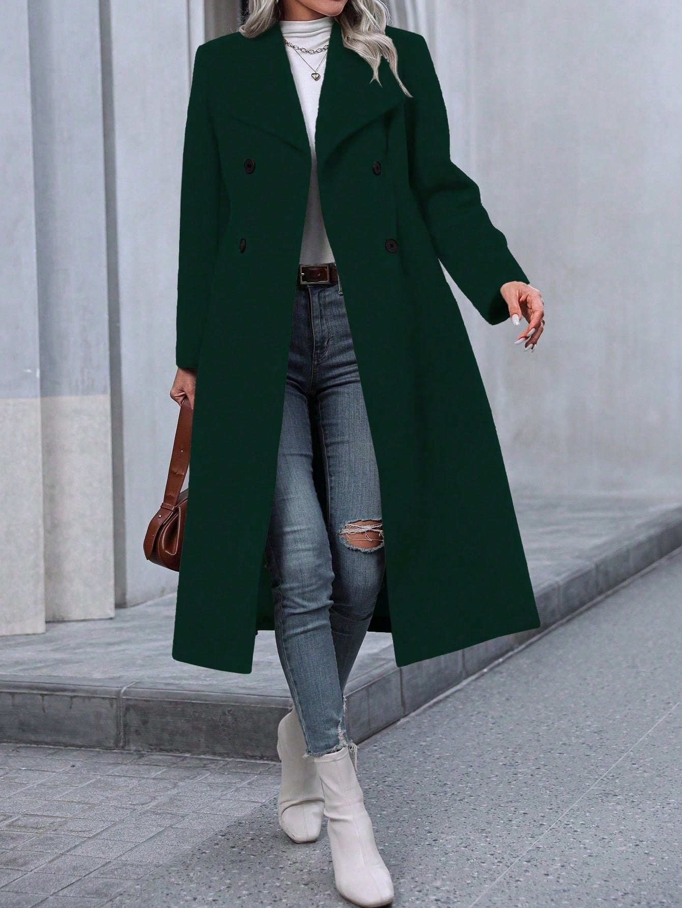 Manteau long pour femme automne-hiver, minimaliste et tendance, élégant pour le quotidien, manteau long à manches longues double boutonnage en fausse laine