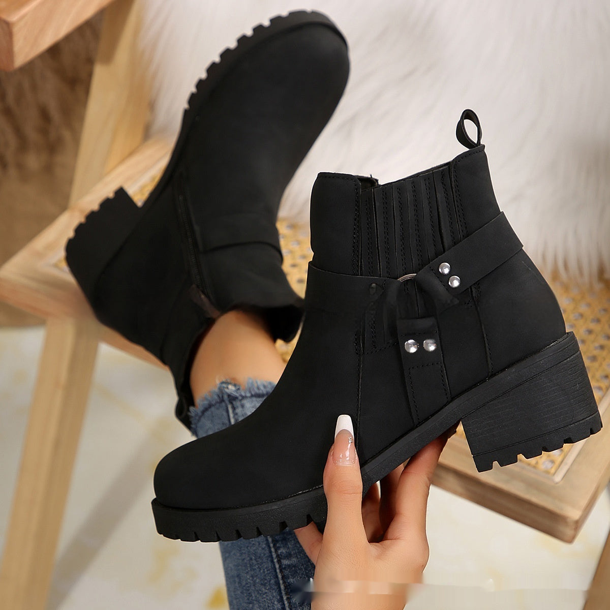 Bottines pour femmes avec boucle de ceinture et bande élastique