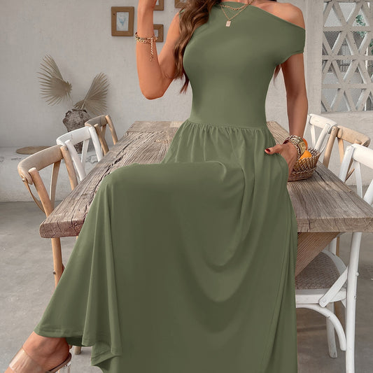 Robe longue sexy à épaules inclinées et taille ajustée avec poche