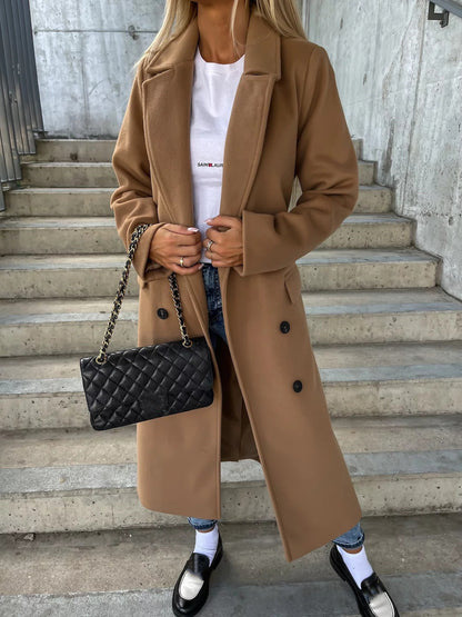 Manteau en laine pour femme automne et hiver, manches longues, à revers, boutonné, avec fente, style simple