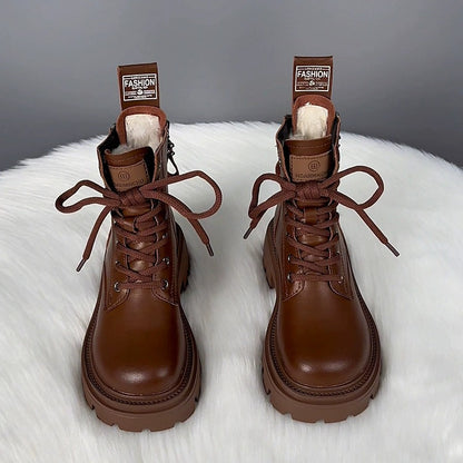 Bottes d'hiver en coton doublées de polaire pour femme avec semelle épaisse et fourrure intégrée