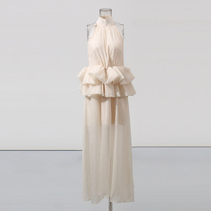 Robe longue à volants sans manches, col montant, couleur unie