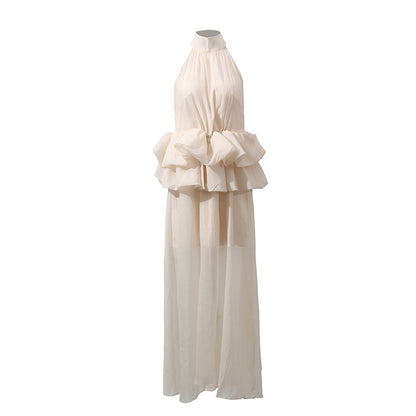 Robe longue à volants sans manches, col montant, couleur unie