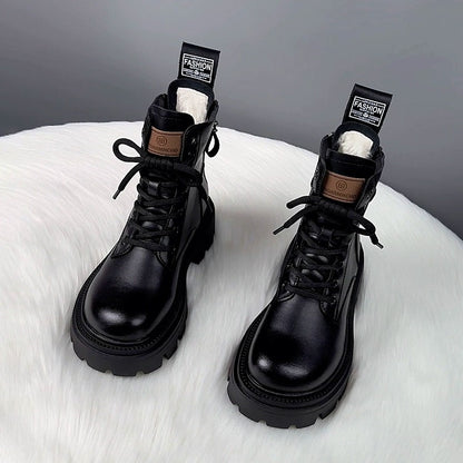 Bottes d'hiver en coton doublées de polaire pour femme avec semelle épaisse et fourrure intégrée