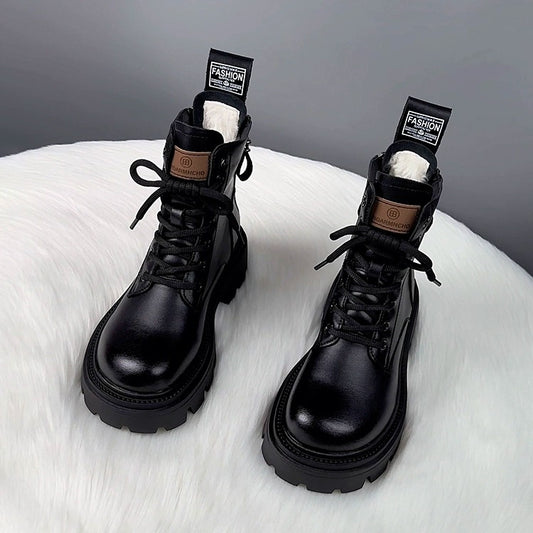Bottes d'hiver en coton doublées de polaire pour femme avec semelle épaisse et fourrure intégrée