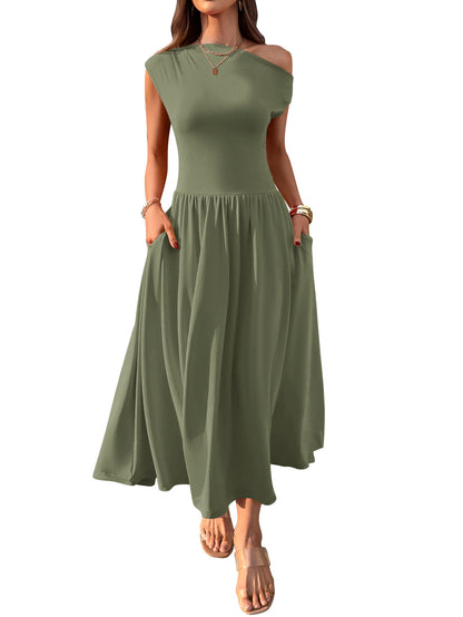 Robe longue sexy à épaules inclinées et taille ajustée avec poche