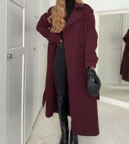 Manteau long d’hiver pour femme en laine, à revers, avec ceinture, trench double boutonnage, vêtement tendance