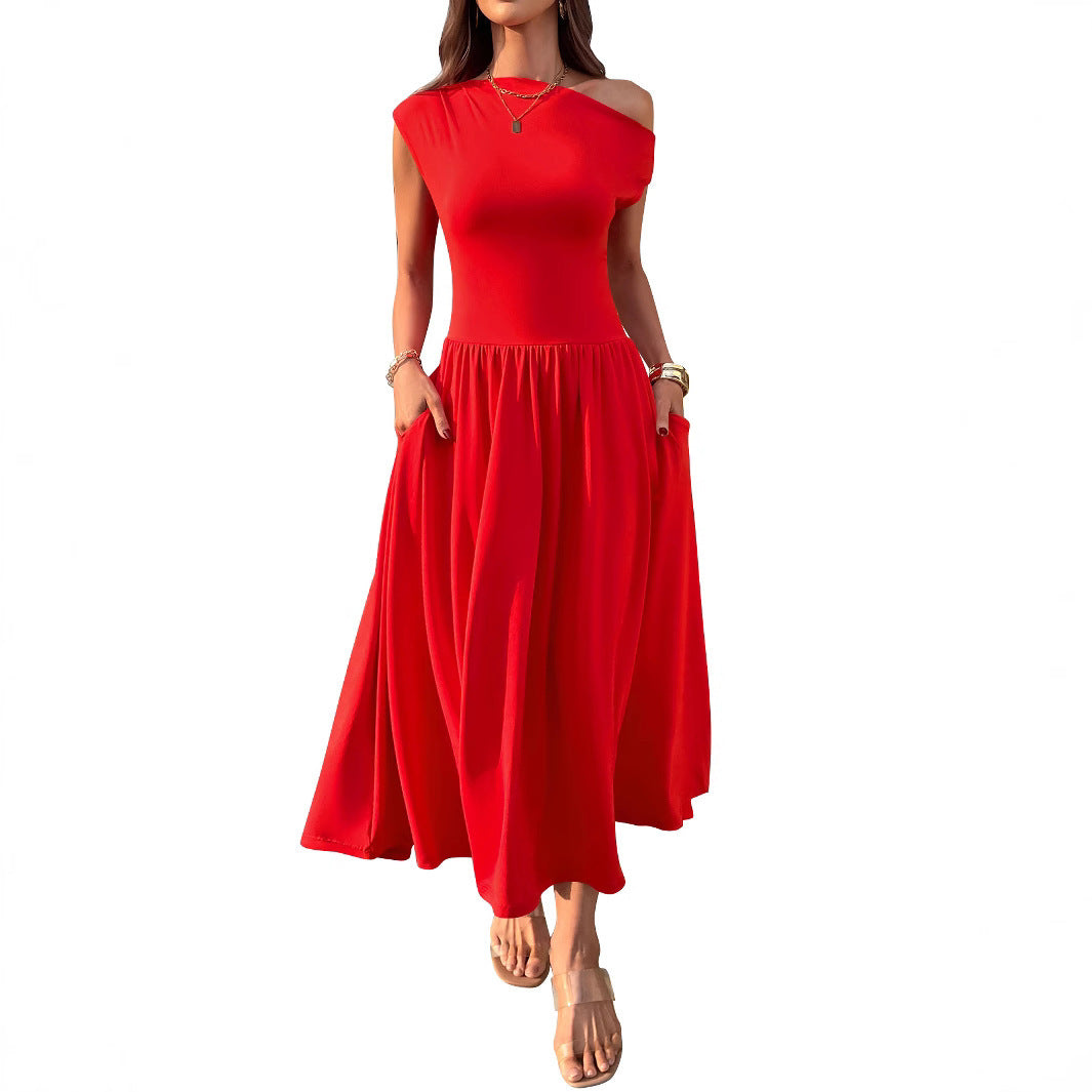Robe longue sexy à épaules inclinées et taille ajustée avec poche