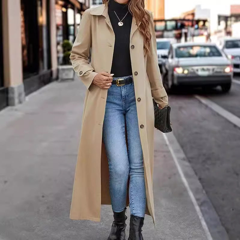 Élégant trench-coat long pour femmes, style décontracté avec boutons raffinés