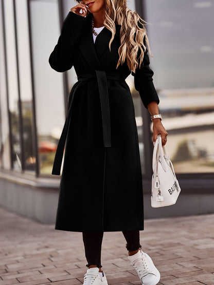 Manteau long en laine pour femmes, manches longues et col en V avec laçage – style automne/hiver