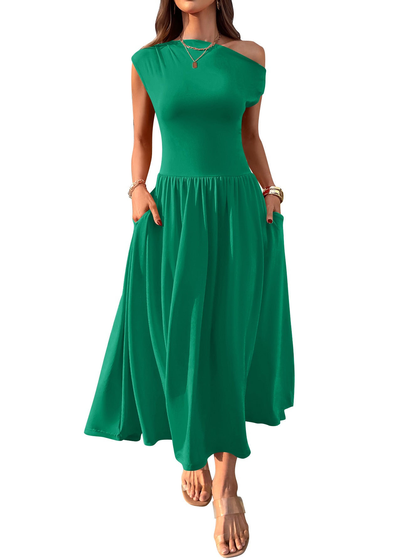 Robe longue sexy à épaules inclinées et taille ajustée avec poche