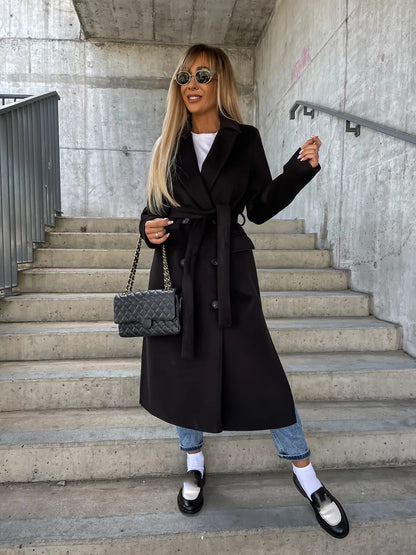 Manteau en laine pour femme automne et hiver, manches longues, à revers, boutonné, avec fente, style simple