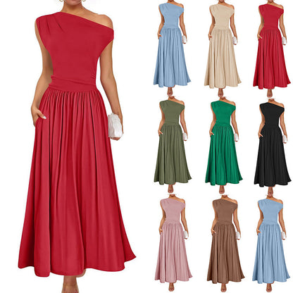 Robe longue sexy à épaules inclinées et taille ajustée avec poche