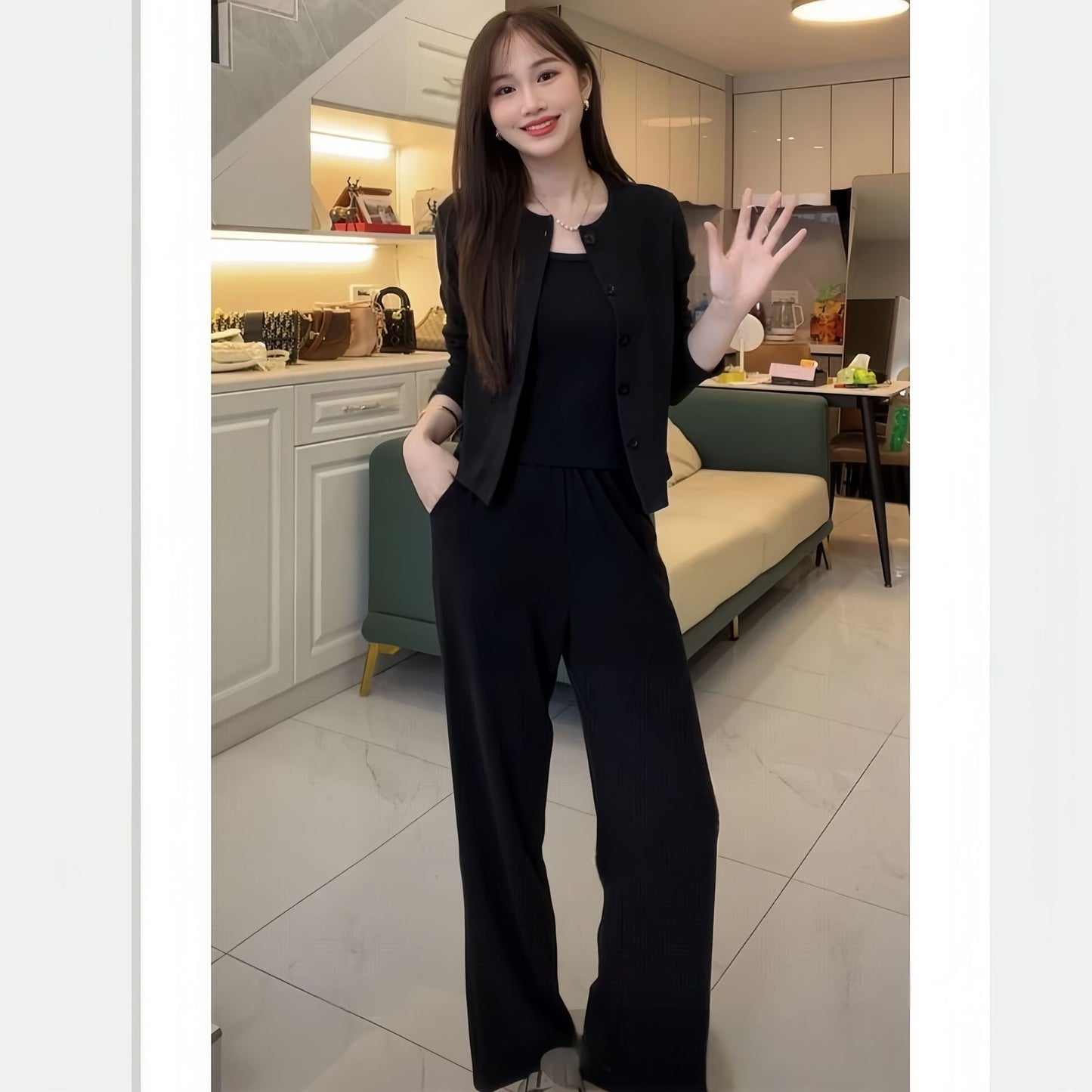 Tailleur jupe style coréen pour femme en polyester