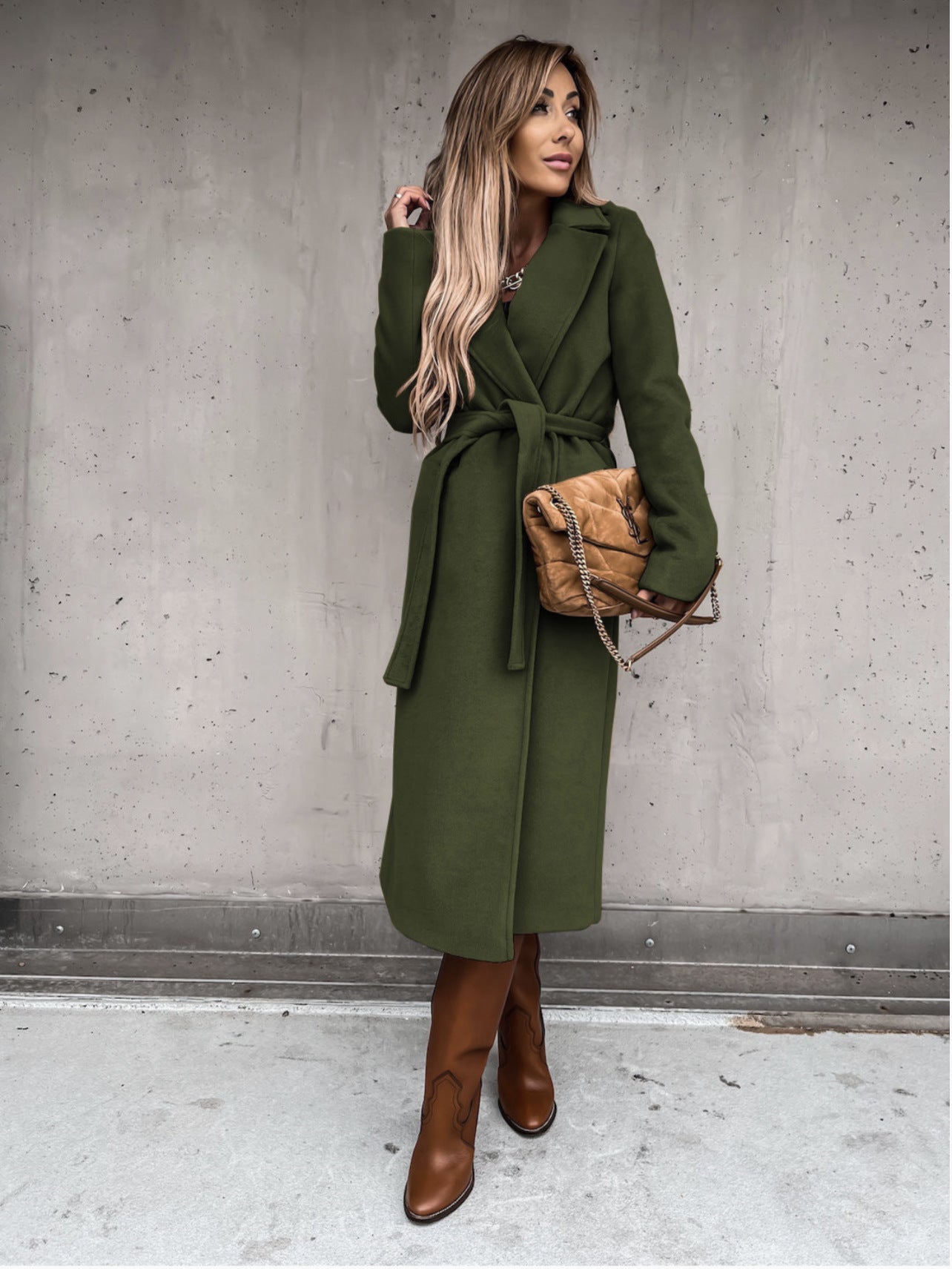 Manteau long en laine pour femmes, col en V avec laçage – style simple et élégant