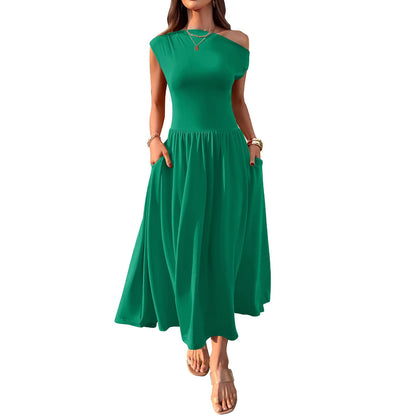 Robe longue sexy à épaules inclinées et taille ajustée avec poche