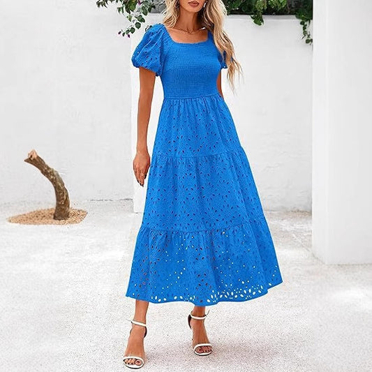 Robe féminine à manches bouffantes, plissée et fluide en tulle