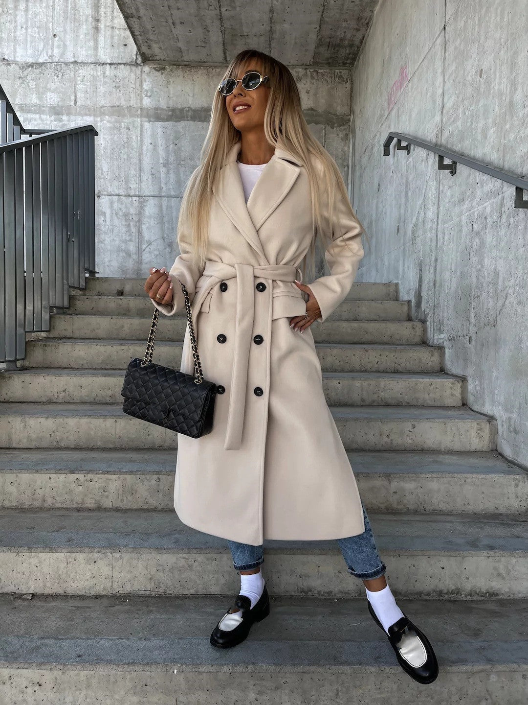 Manteau en laine pour femme automne et hiver, manches longues, à revers, boutonné, avec fente, style simple
